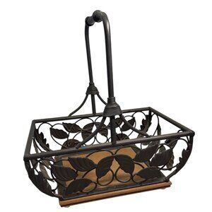 Wrought Iron Leaf Design Basket With Wooden Base 12 3/4 X 9" Heavy